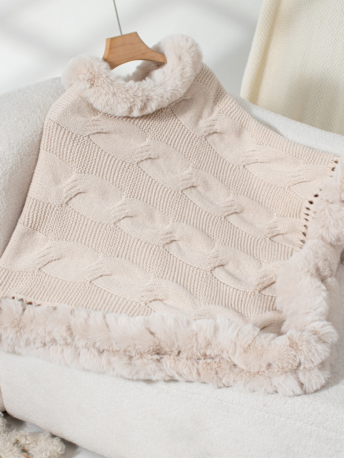 Fuzzy Hem Cable-Knit Poncho