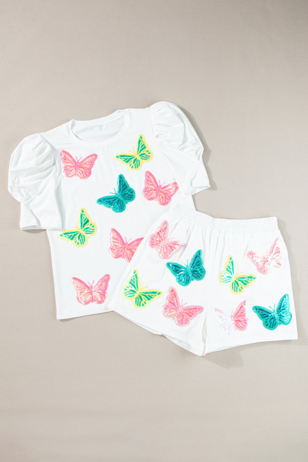 White Colorful Sequin Butterfly Puff Sleeve Top Shorts Set