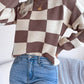 Checkered Mock Neck Long Sleeve Sweater