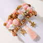 Pink 4Pcs Butterfly Star Pendant Tassel Beaded Bracelet Set