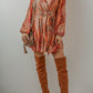 Orange Boho Paisley Print Long Sleeve Pleated Belted Mini Dress