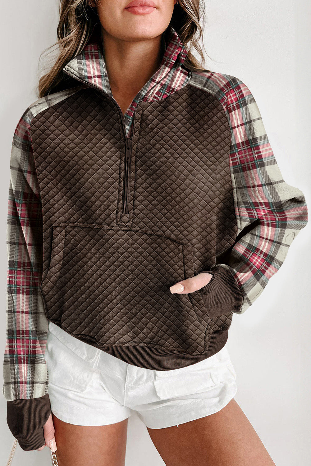 Plaid Half-Zip Up Sweatshirt