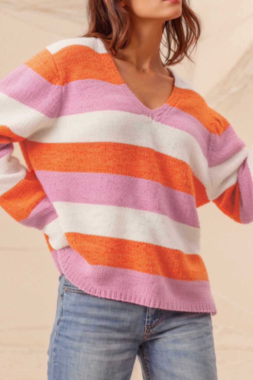 Color Block V-Neck Long Sleeve Sweater