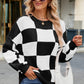 Checkered Round Neck Long Sleeve Sweater