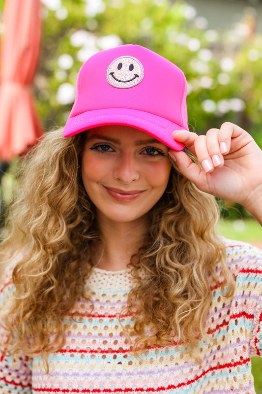 Neon Pink Glitter Smiley Face Mesh Trucker Hat