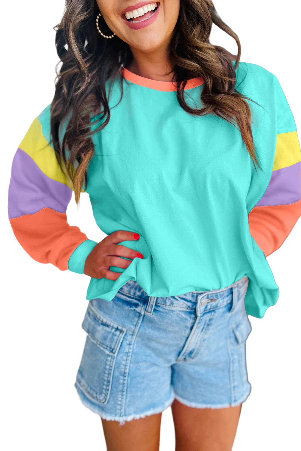 Pink Colorblock Patchwork Long Sleeve Loose Top