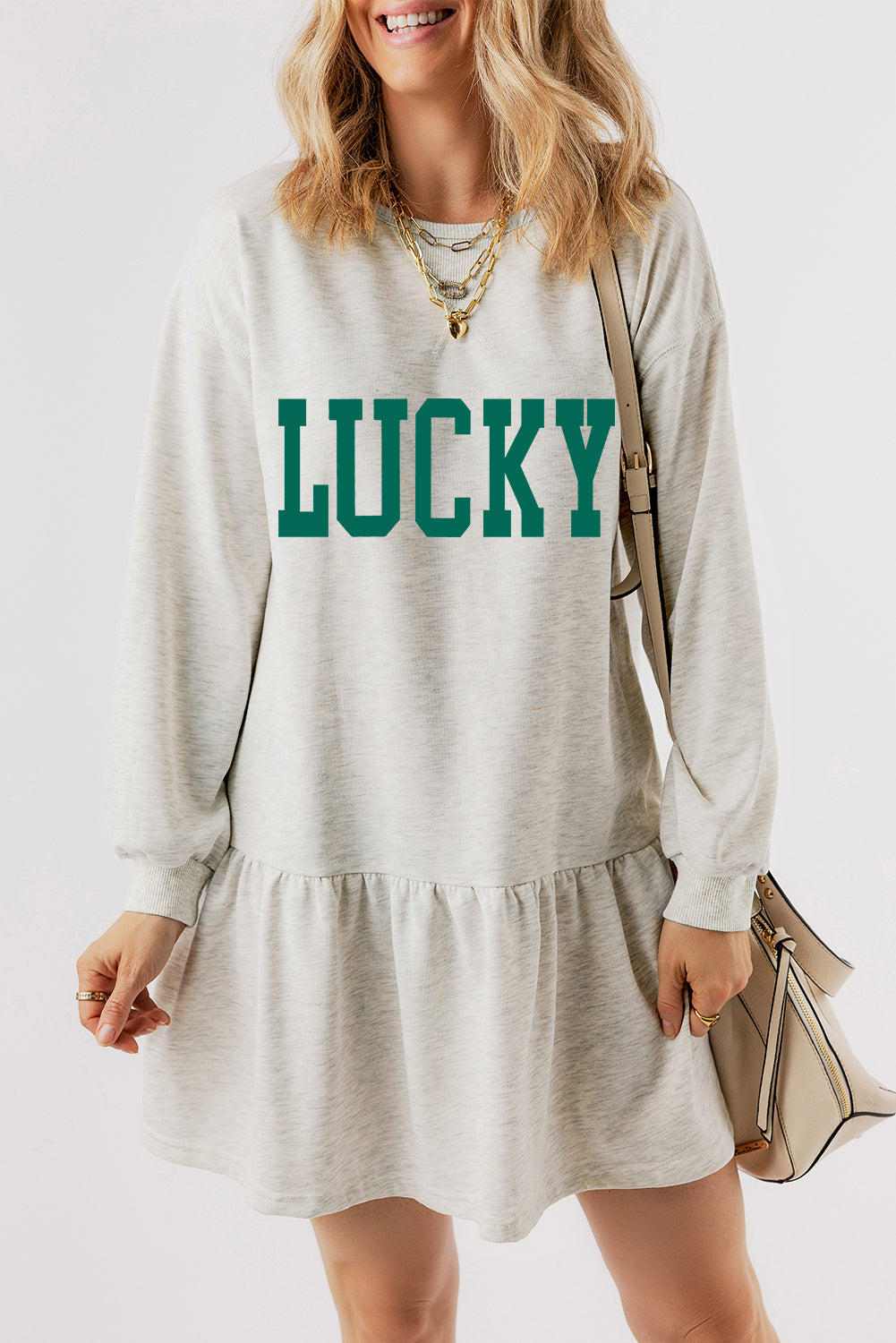 White St Patricks LUCKY Graphic Long Sleeve Ruffle Hem Mini Dress