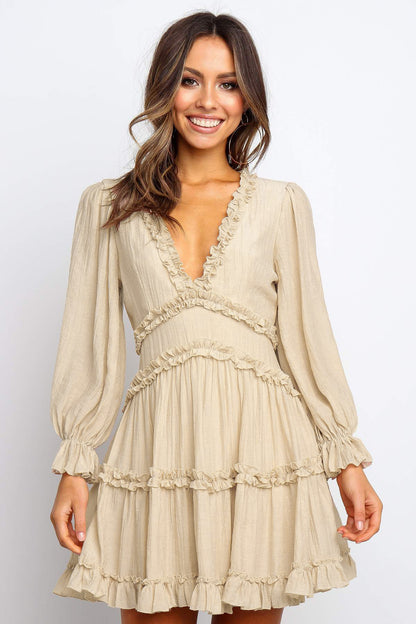 V Neck Ruffle Detailing Open Back Dress