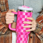 Bright Pink Checkered Print Handled Stainless Steel Tumbler Cup 40oz