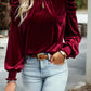 Tie Up Mock Neck Velvet Fabric Long Sleeve Blouse