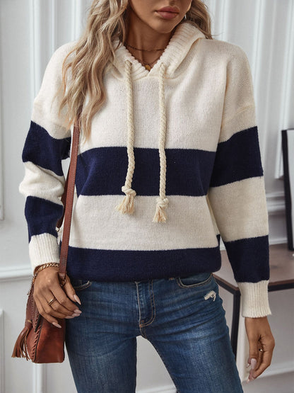 Drawstring Striped Hooded Sweater