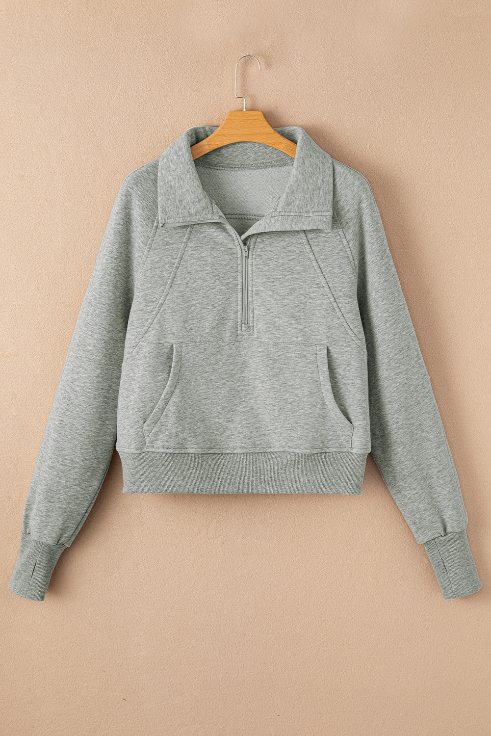 Sea Green Fleece Lined Zip Up Stand Collar Thumbhole Sleeve Sweatshirt