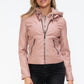 Snobbish Faux Leather Zip Up Drawstring Hooded Jacket