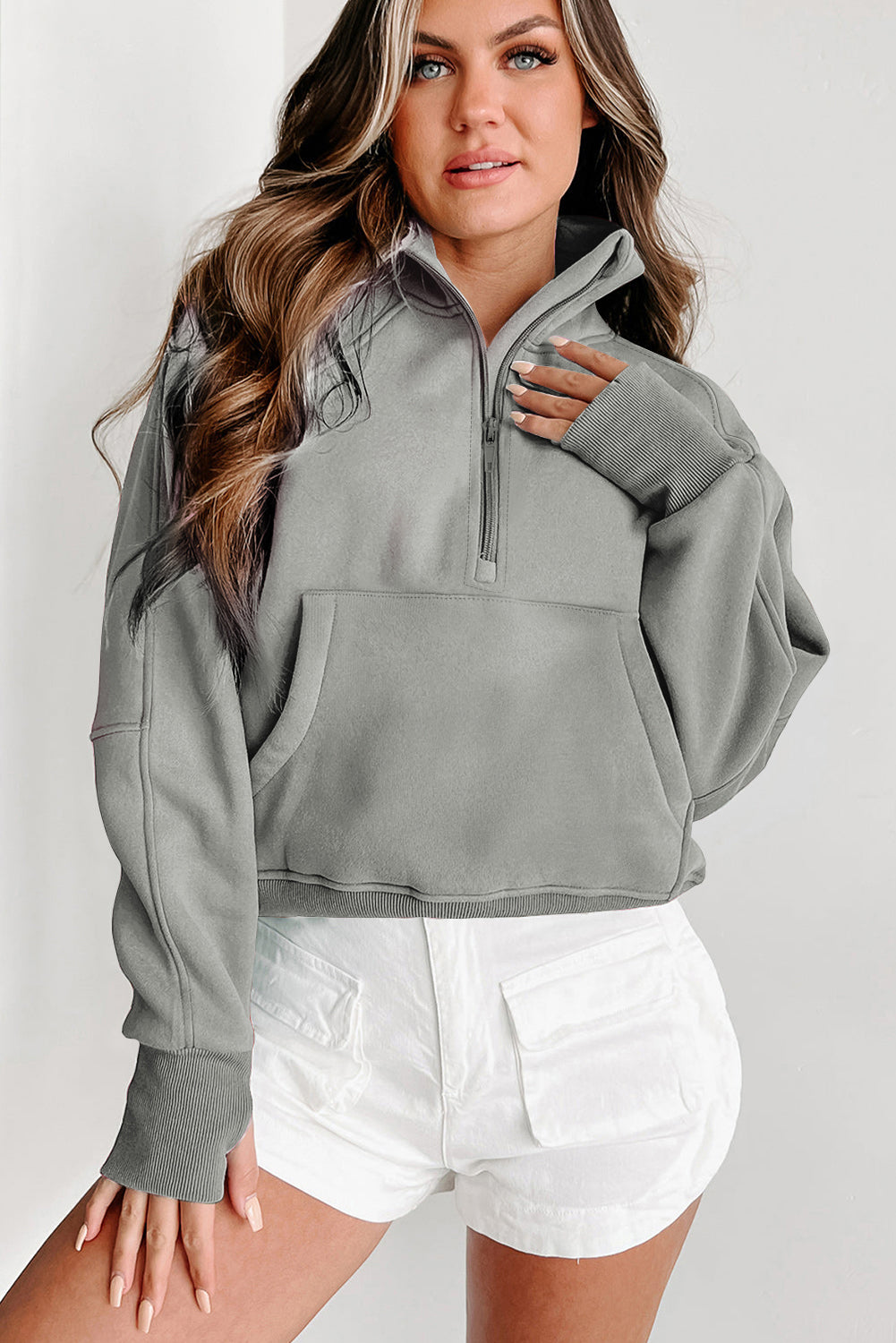 Sea Green Fleece Lined Zip Up Stand Collar Thumbhole Sleeve Sweatshirt