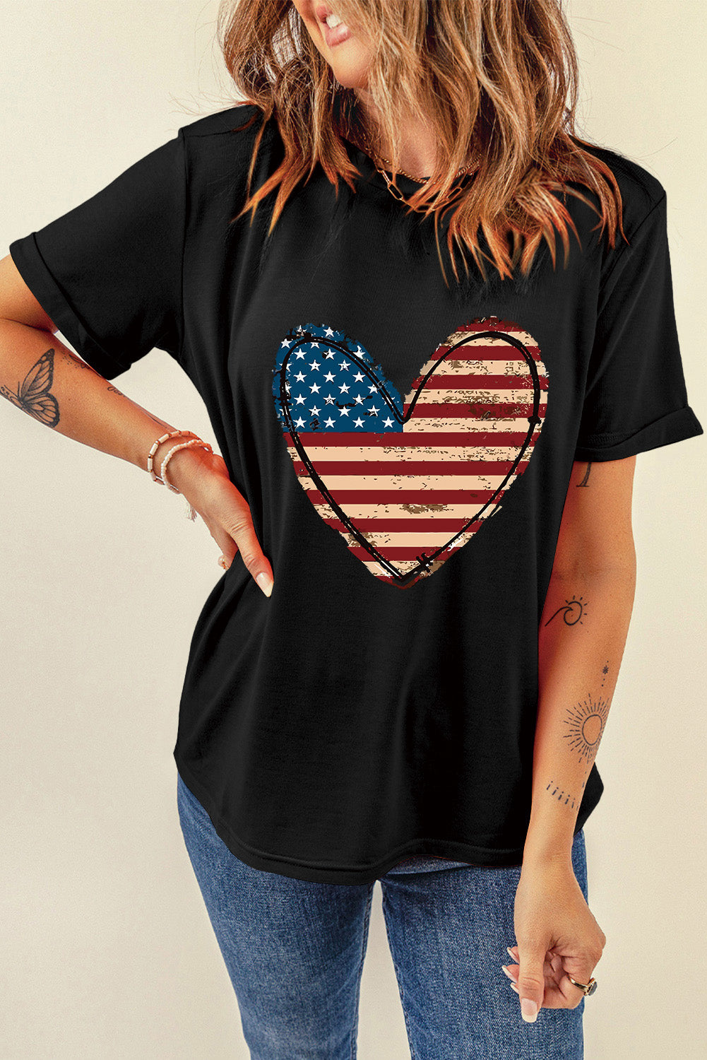 Stars and Stripes Heart Round Neck Short Sleeve T-Shirt