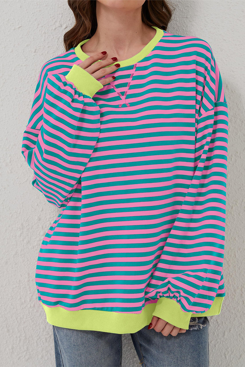 Sky Blue Stripe Oversized Contrast Trim Pullover Sweatshirt