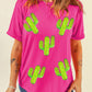 Rose Red Western Sequin Cactus Round Neck Graphic T Shirt