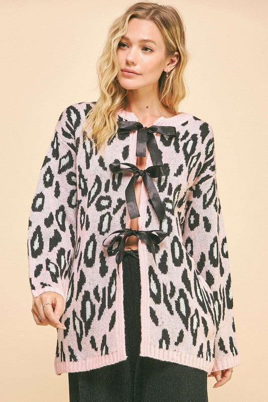 Pink Leopard Print Ribbon Tie Loose Fit Cardigan