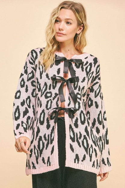 Pink Leopard Print Ribbon Tie Loose Fit Cardigan