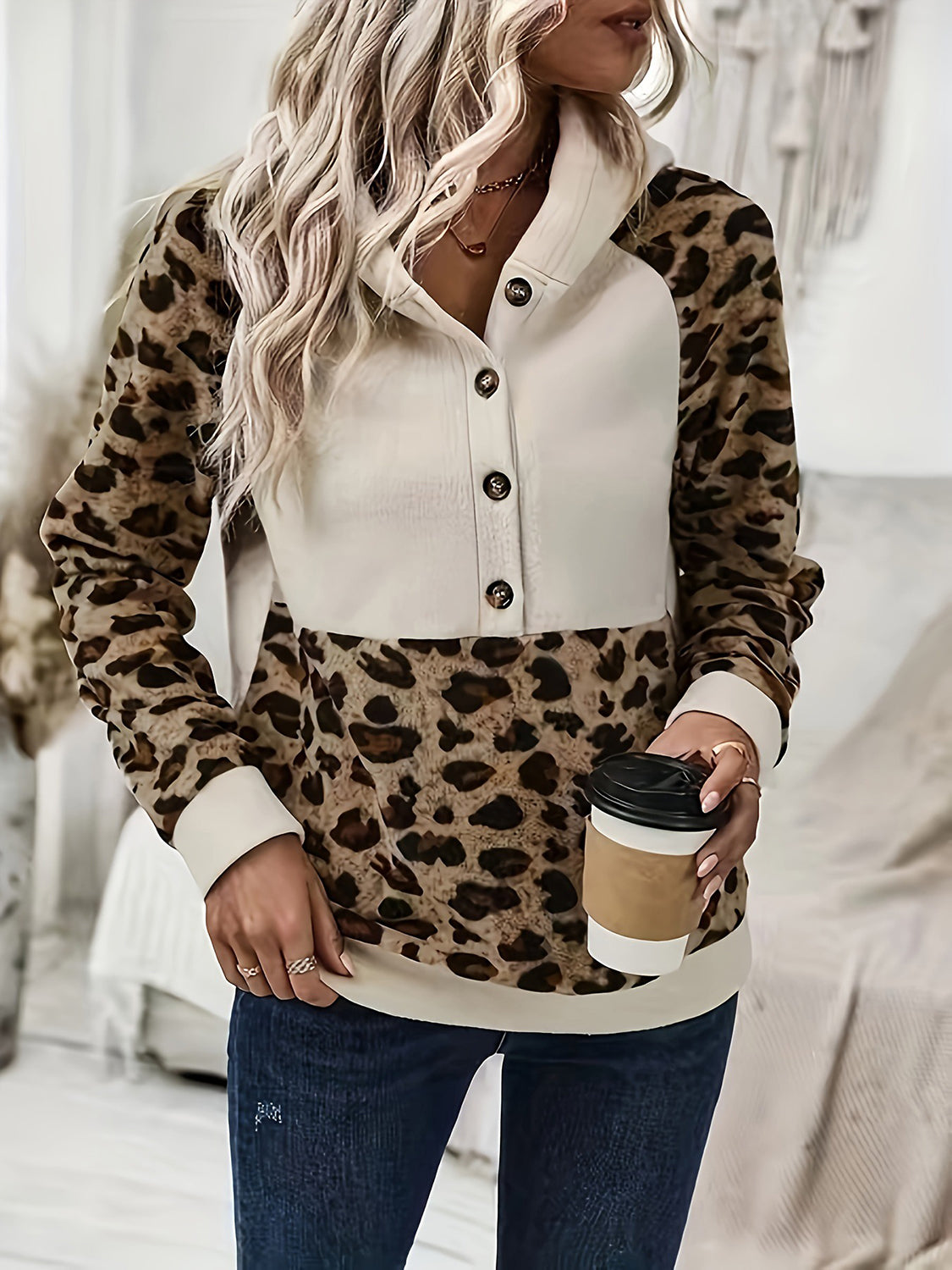 Leopard Half Button Long Sleeve Hoodie—Small-2XL