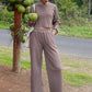 Waffle-Knit Round Neck Top and Pants Set