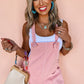 Pink Solid Color Knot Straps Denim Romper with Pockets