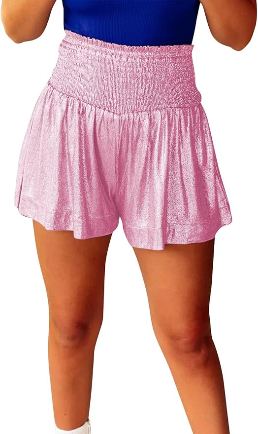 Women Sequin Shorts Smocked High Waisted Flowy Shorts Glitter Sparkly Metallic Shorts