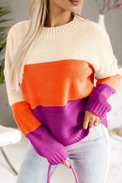 Color Block Drop Shoulder Round Neck Sweater