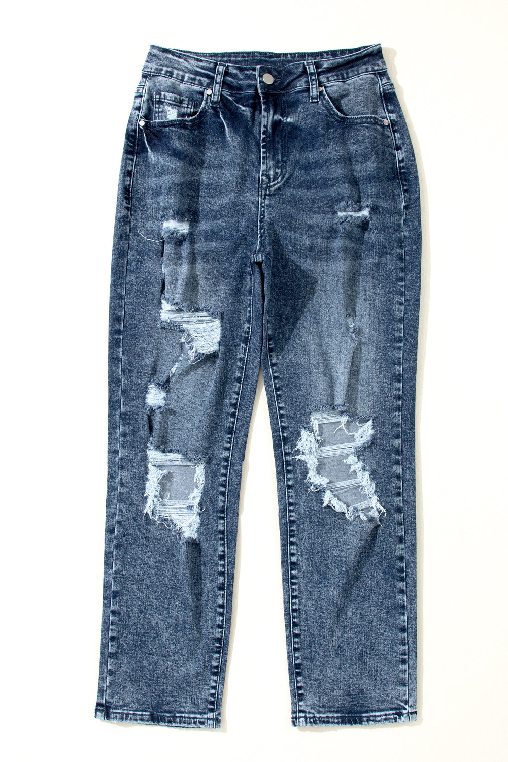 Navy Blue Light Wash Frayed Slim Fit High Waist Jeans