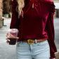 Tie Up Mock Neck Velvet Fabric Long Sleeve Blouse