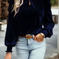 Tie Up Mock Neck Velvet Fabric Long Sleeve Blouse