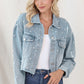 Distressed Pearl Trim Button Up Denim Jacket