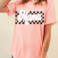 Pink Mama Checkered Print O Neck Casual T Shirt