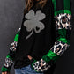 Green Leopard Plaid Patchwork Long Sleeve Rhinestone Lucky Clover Graphic Top