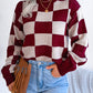 Checkered Mock Neck Long Sleeve Sweater