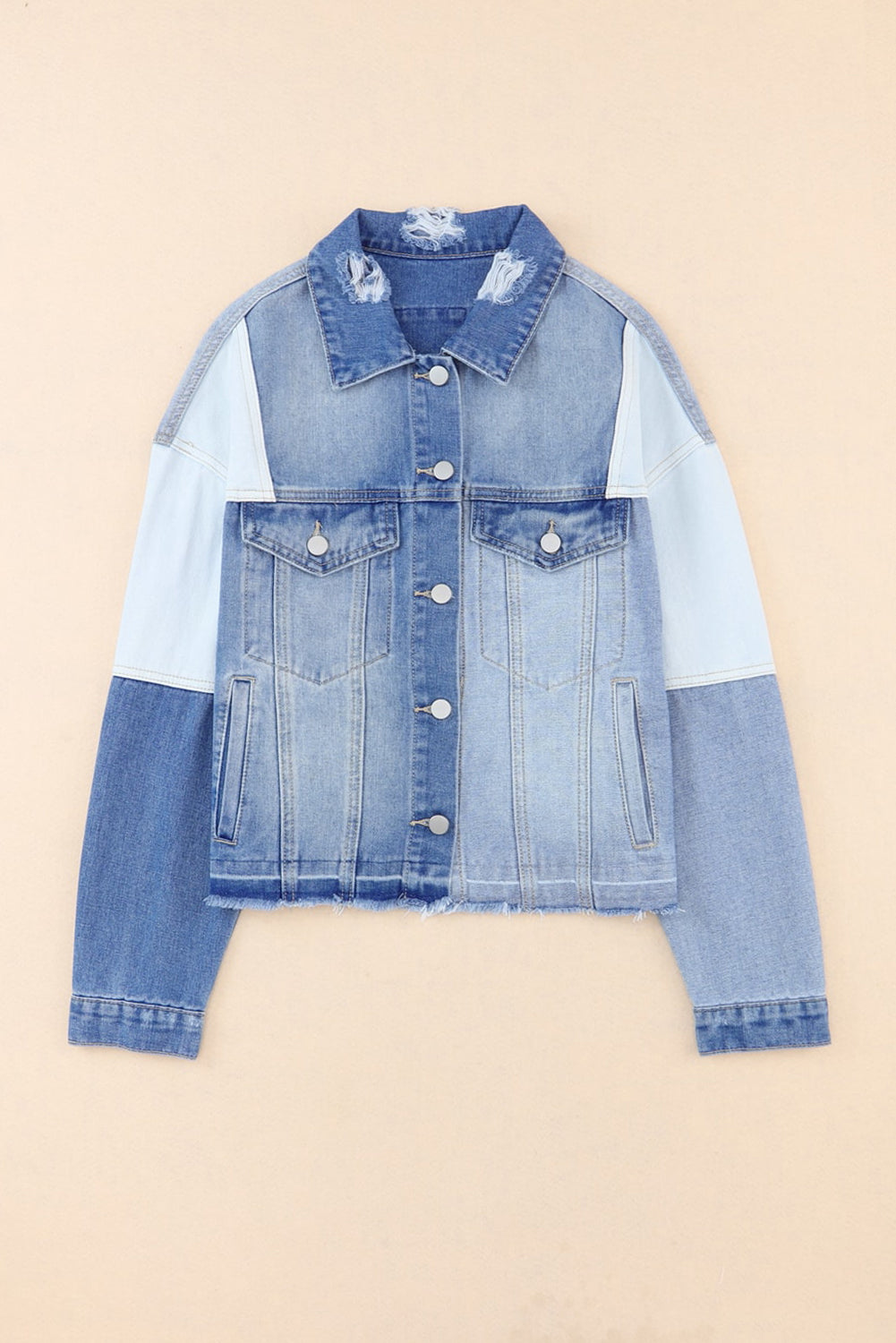 Color Block Distressed Button Up Denim Jacket