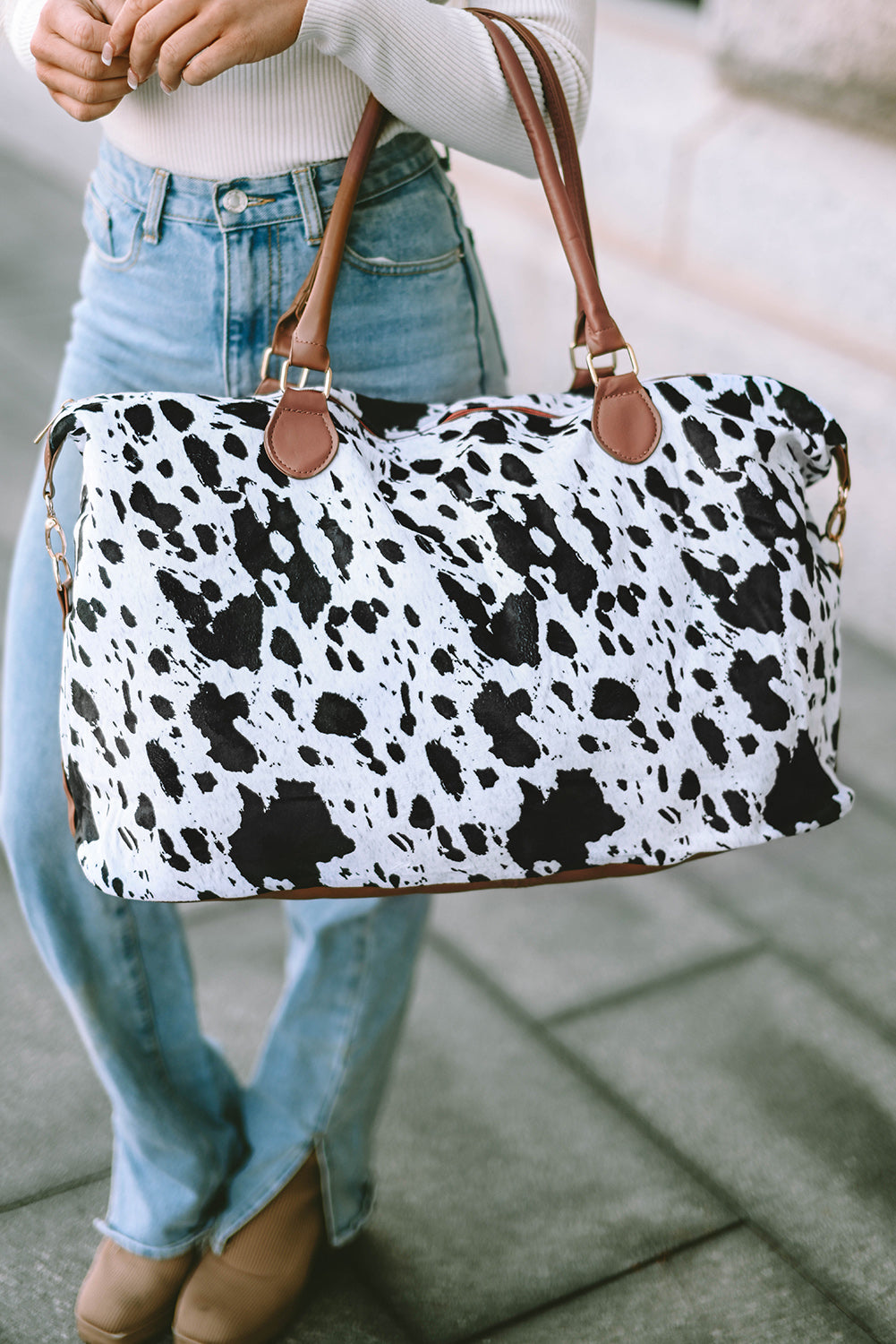 White Animal Print Leather Tote Bag