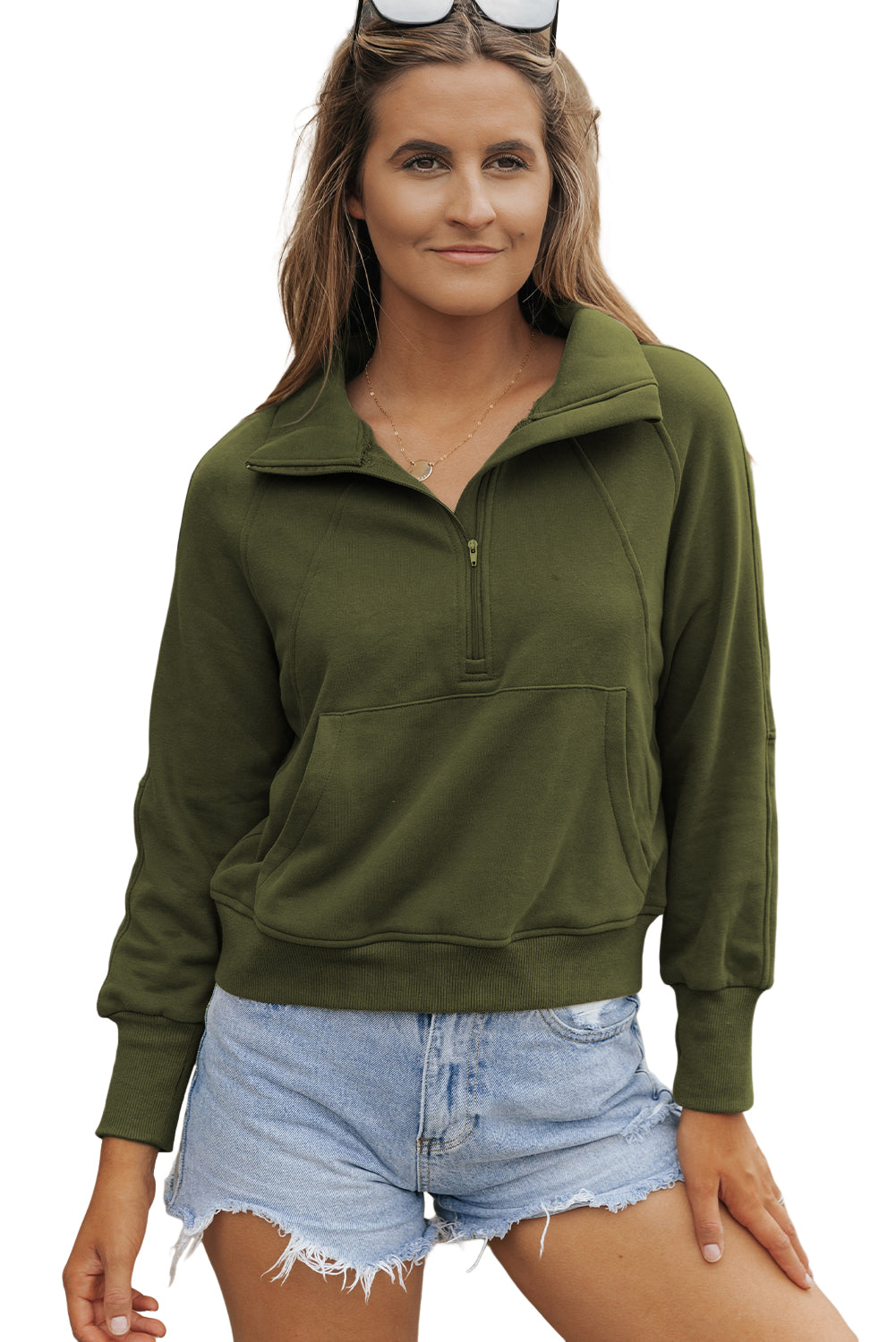 Sea Green Fleece Lined Zip Up Stand Collar Thumbhole Sleeve Sweatshirt