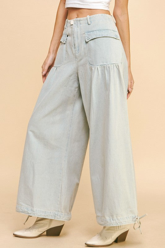 Drawstring Front Pocket Wide Leg Mid Rise Jeans