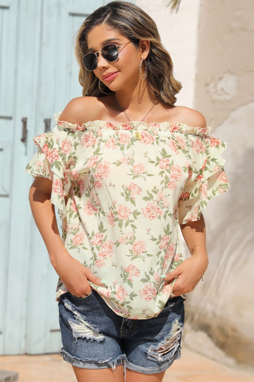 Shiny Floral Frill Trim Off-Shoulder Blouse