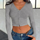 Buttoned V-Neck Long Sleeve T-Shirt