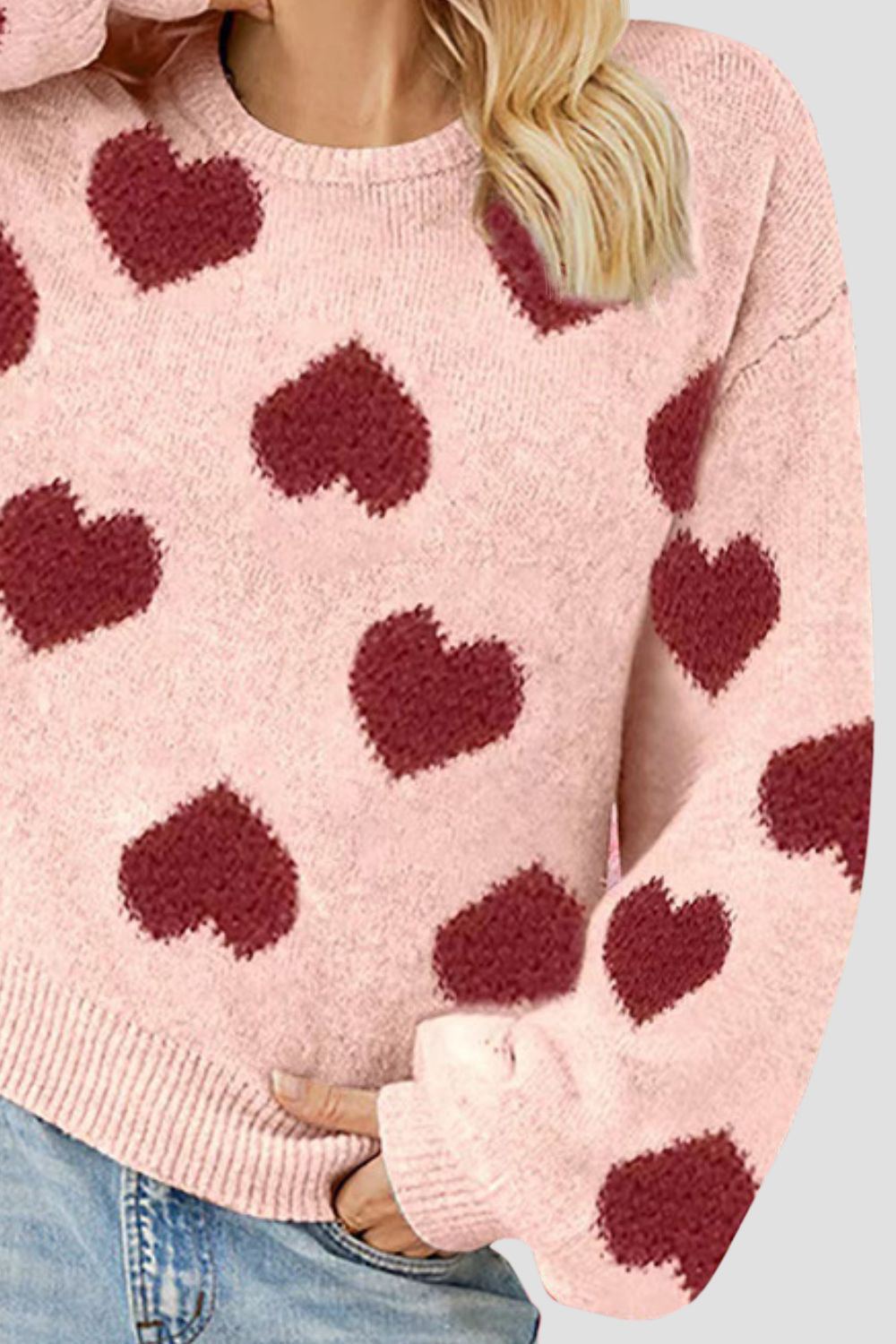 Heart Round Neck Dropped Shoulder Sweater