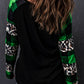 Green Leopard Plaid Patchwork Long Sleeve Rhinestone Lucky Clover Graphic Top