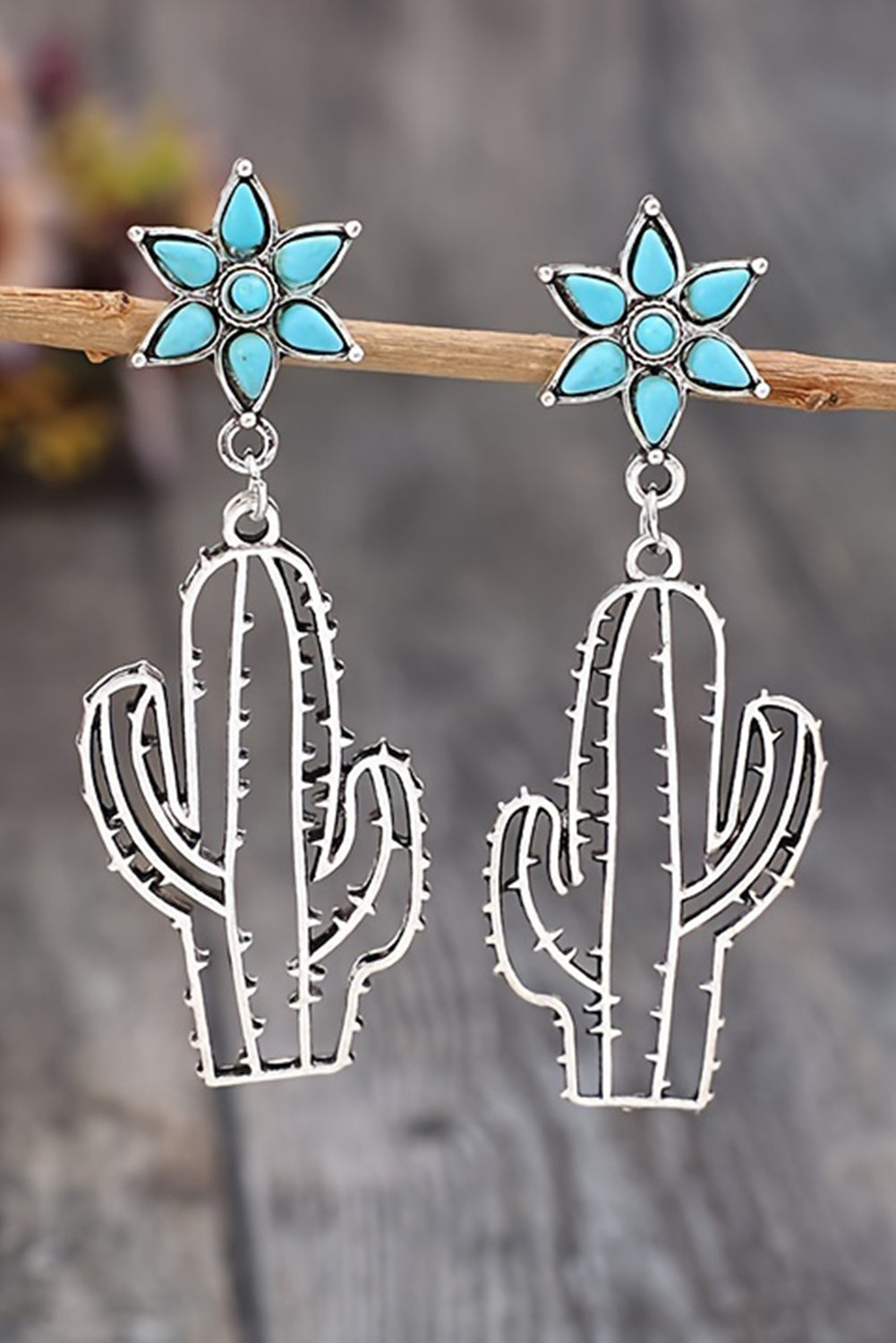 Silvery Western Turquoise Flower Cactus Dangle Earrings