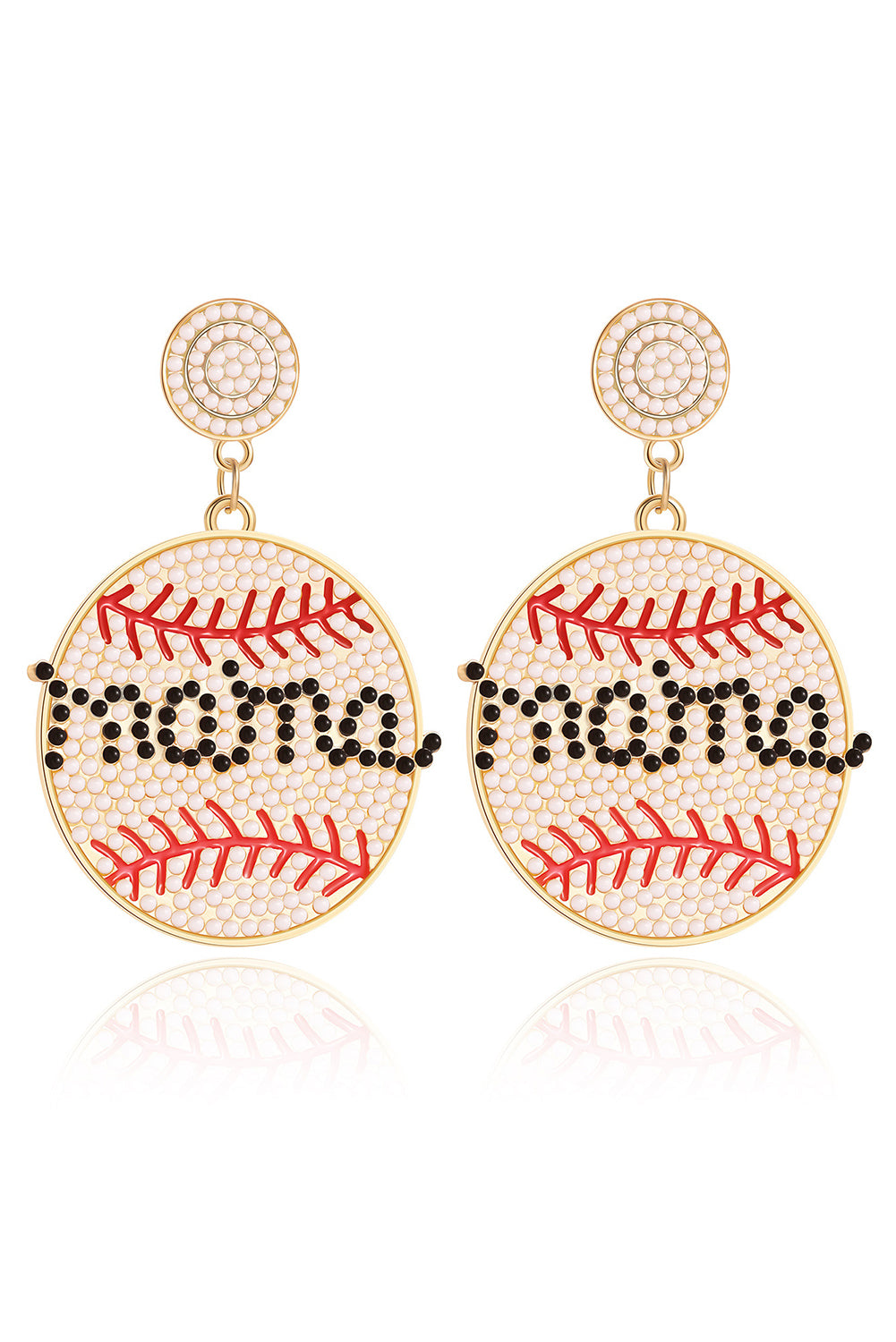 White Crystal mama Beaded Baseball Shape Earrings