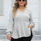 Plus Size Ribbed V-Neck Long Sleeve Blouse