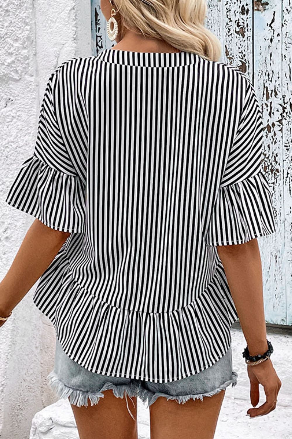 Perfee Striped Asymmetrical Flounce Sleeve Blouse