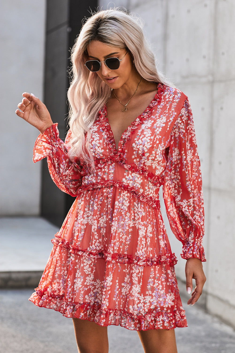 Ruffle Detailing Open Back Floral Dress