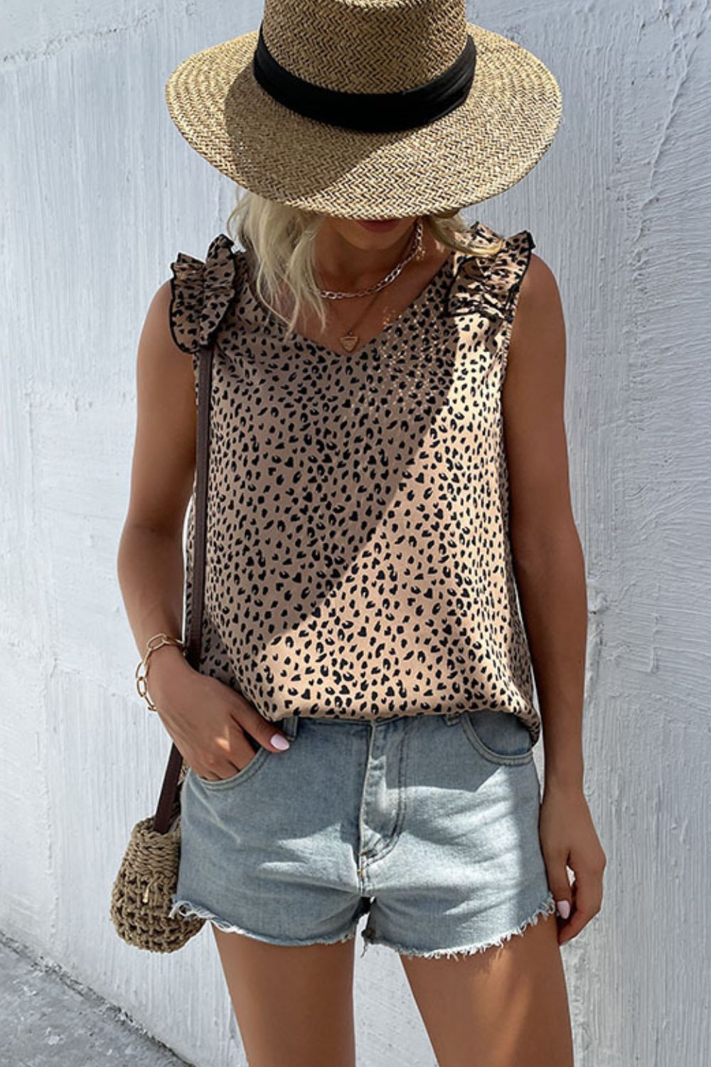 Perfee Leopard Frill Trim V-Neck Tank