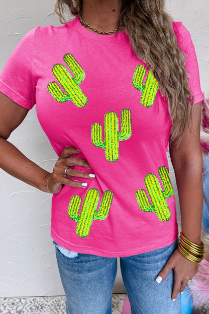 Rose Red Western Sequin Cactus Round Neck Graphic T Shirt